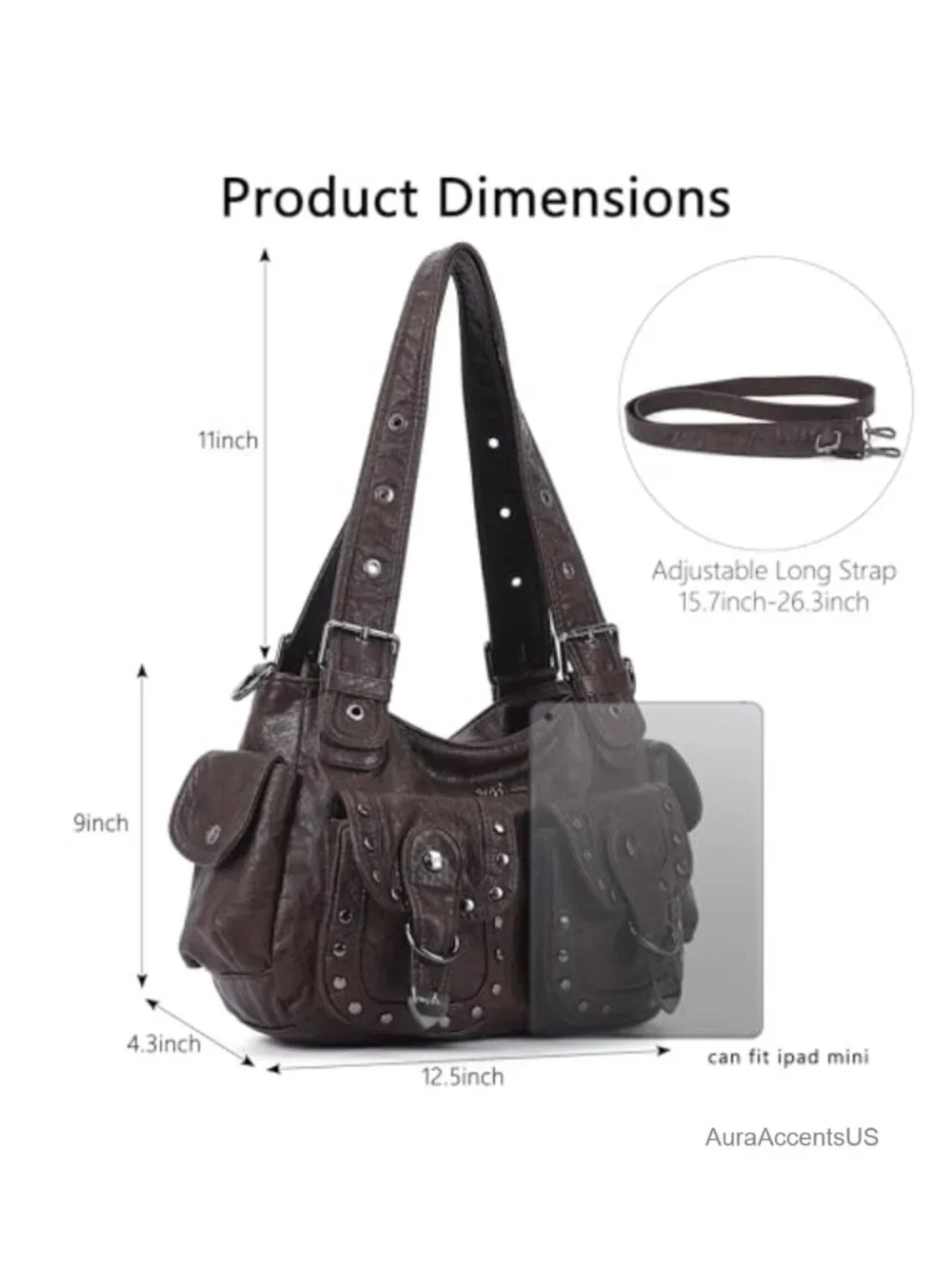 Vegan Leather Hobo Bag Multi Pocket Studded Shoulder Bag Y2K Tote